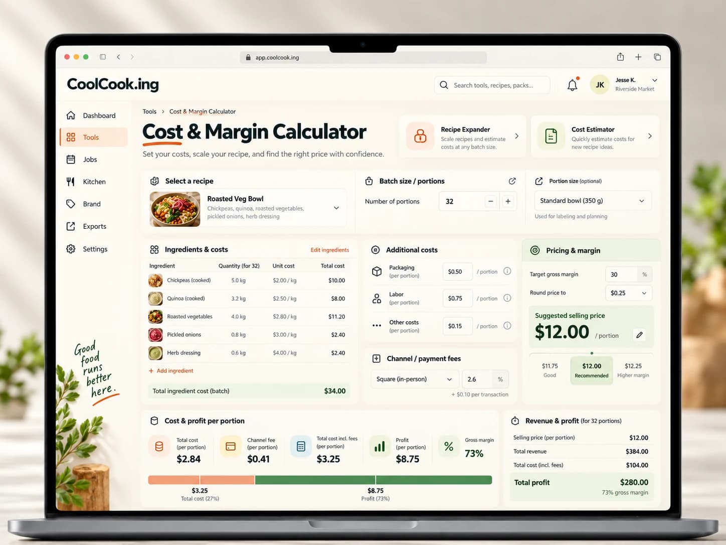 Concept mockup of cost and margin displayed on a laptop.