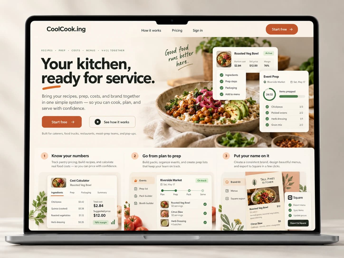 Concept mockup of coolcook.ing homepage displayed on a laptop.