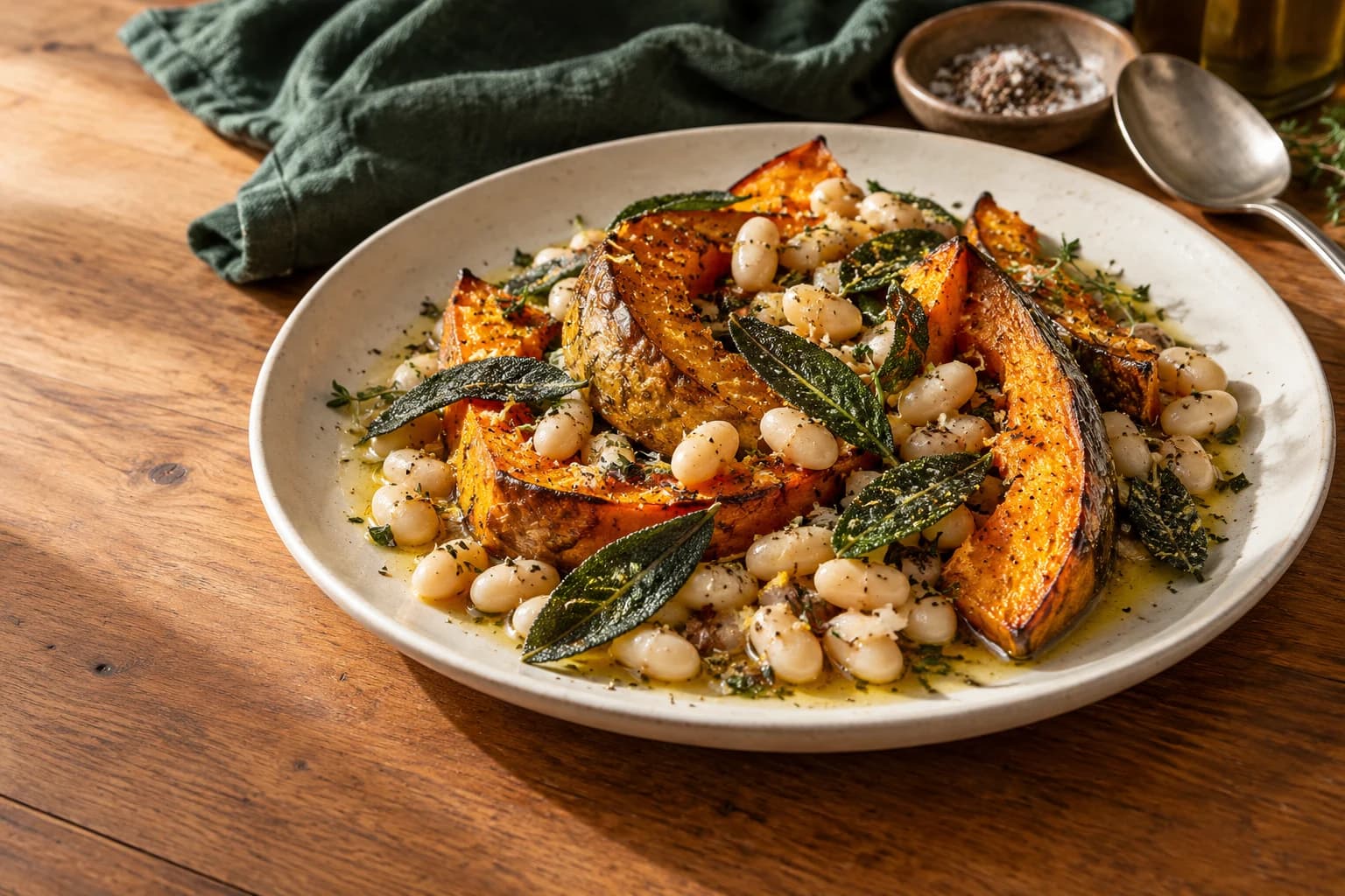 Roasted pumpkin, white beans and crisp sage on a cream plate.