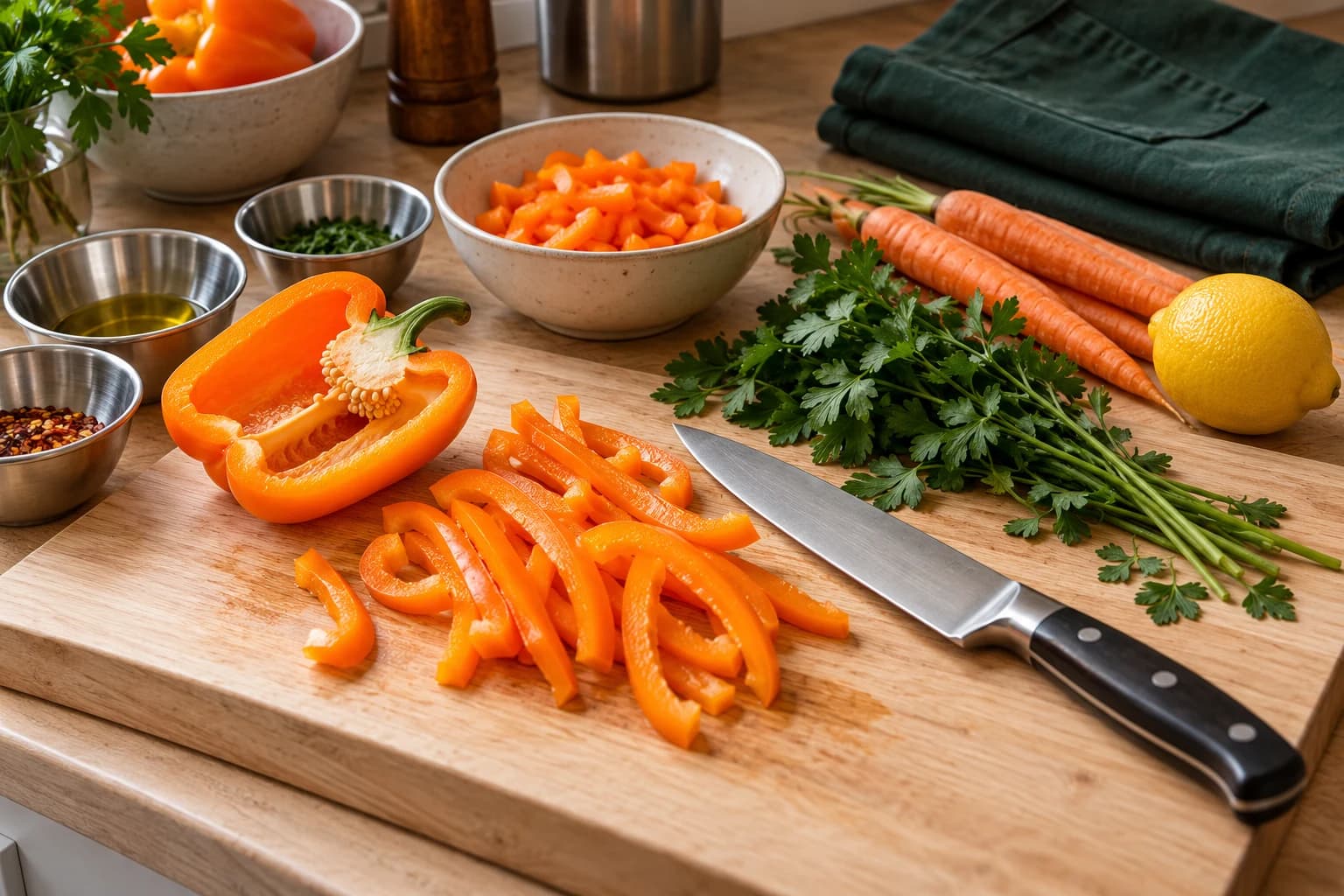 Fresh peppers, carrots and herbs arranged on a wooden prep board.